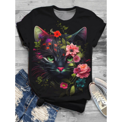 Women Floral Cat Print Short Sleeve Crew Neck T-Shirt